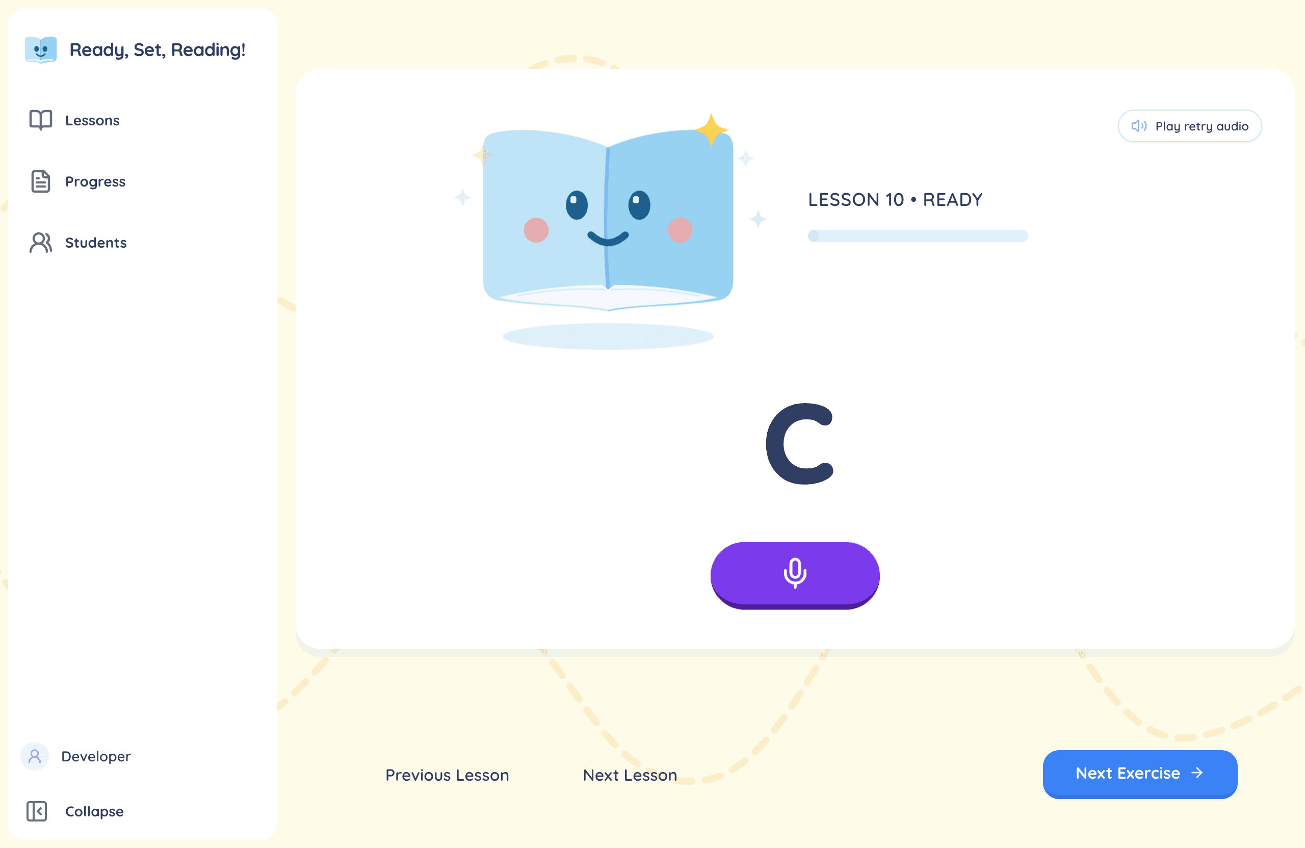 A phoneme exercise showing the letter c with retry audio support