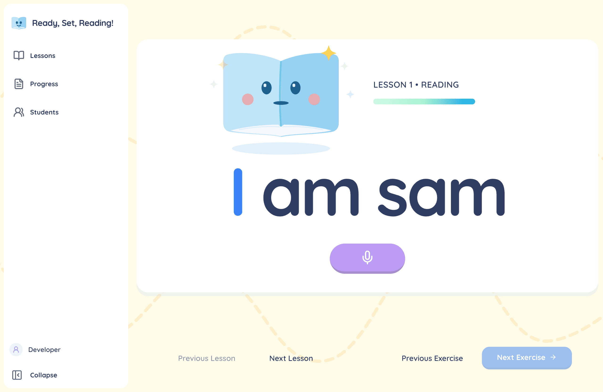 A reading exercise showing the sentence "I am sam" with the word I highlighted as it is read aloud