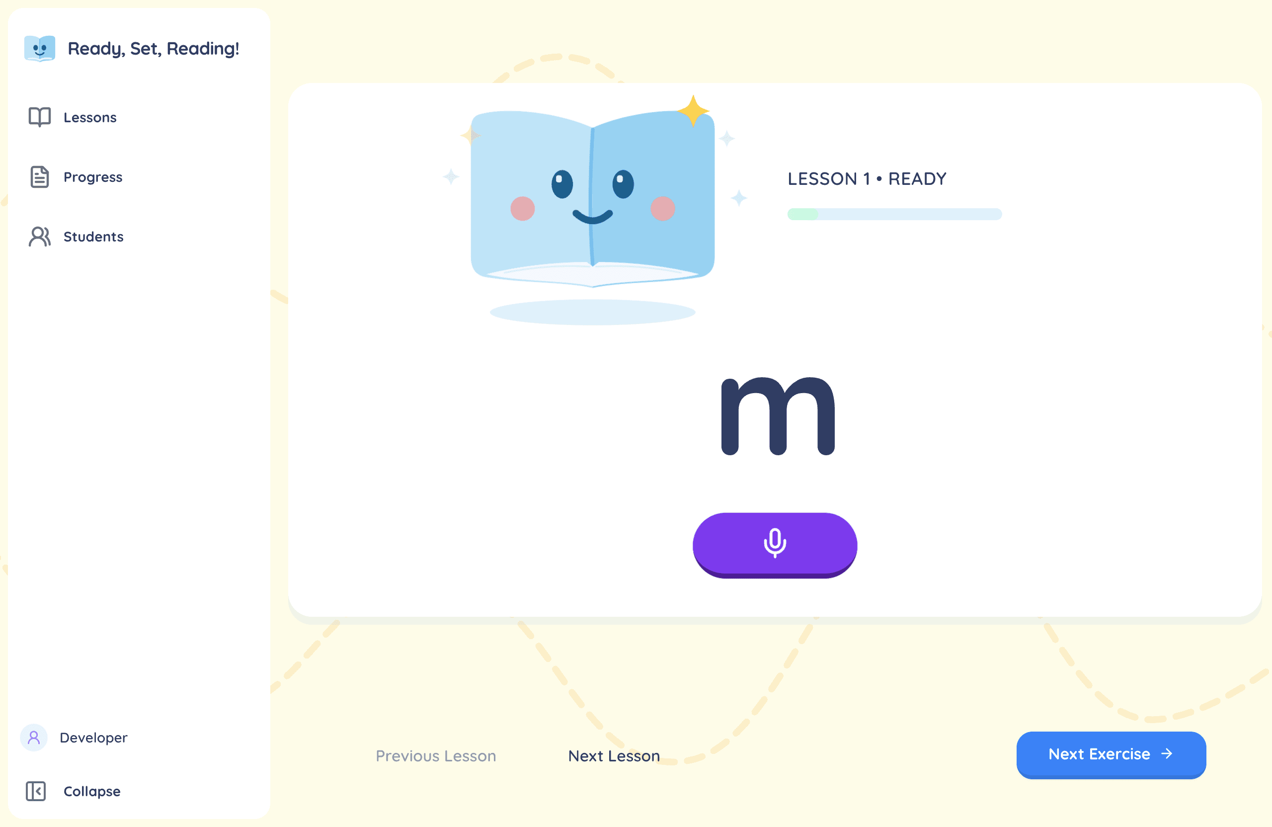A lesson screen with the letter m and the tap-to-speak microphone button ready to listen
